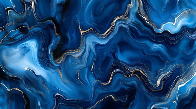 Vibrant blue and gold abstract art showcasing swirls and patterns resembling ocean waves in a tranquil design