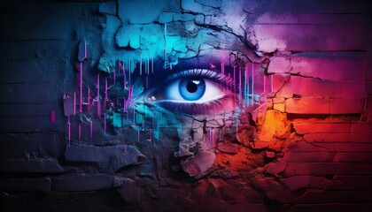 Fototapeta premium A weathered wall revealing a hidden face among the cracks.Technology, neon light and business growth concept