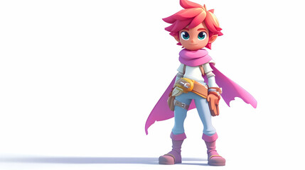 Naklejka premium A 3D cartoon character of a boy with red hair wearing a pink scarf and cape, blue pants, and brown boots is standing against a white background.