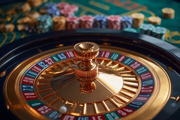 Naklejka premium Ornate roulette wheel surrounded by gold coins and casino chips on green velvet background