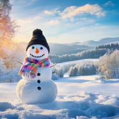 Fototapeta premium Panoramic View of a Happy Snowman in a Winter Christmas Wonderland