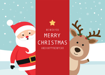 Santa and cute reindeer cartoon with greeting behind the red flag sign Landscape of Winter Fund. Christmas card. Vector