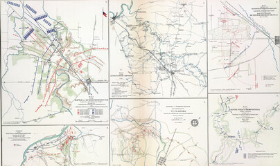 Collection of antique civil war battle maps showing troop movements