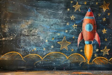 red toy space rocket and stars black chalkboard with galaxy drawn with chalk with copy space on right