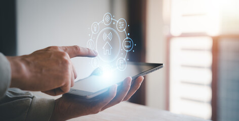 person setting the smarts home system for set security connections  and comfortable about lighting wifi cameras power electricity temperature in house new innovation for better living and privacy life