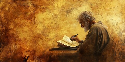 Abstract background of Paul writing letters in deep golden tones, sacred and minimalistic design, biblical scene, religious concept