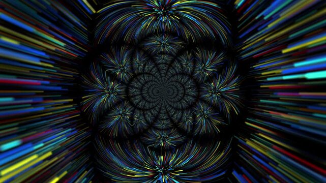 Colorful lines radiate outward from a central swirling firework pattern.