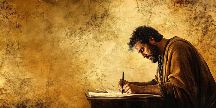 Abstract artwork of Paul writing his letters in rich golden tones with a minimalistic theme, biblical scene, religious concept