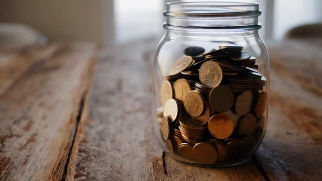 A collection of coins fills a glass jar placed on a rustic wooden table, illustrating a simple saving habit that can lead to financial growth.