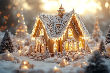 A beautifully decorated gingerbread house glows with warmth and Christmas cheer.