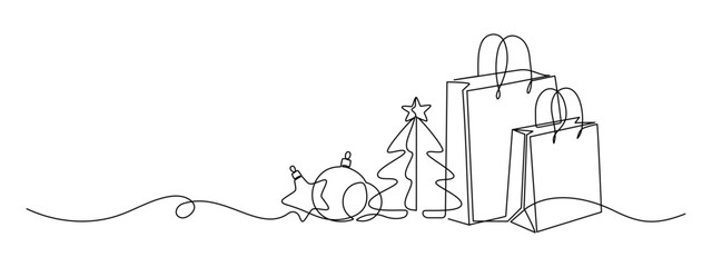 Shopping bags and Christmas tree in one continuous line drawing. Black Friday sale with paper package in simple linear style. Editable stroke. Doodle vector illustration