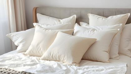 Many soft pillows on bed at home isolated with white highlights, png