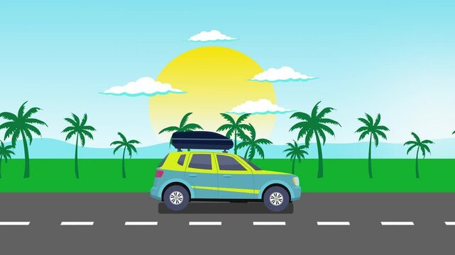 Blueyellow vehicle with luggage driving past tropical trees at sunset; suitable for travel/tropical/vacation concepts in advertising, posters, or websites.