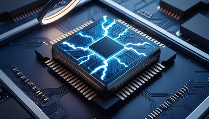 A futuristic microchip with electric sparks on a circuit board.