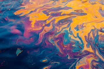 Stunning photography of an oil spill spreading in the ocean, creating vibrant colorful patterns
