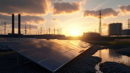 Solar panels at sunset with industrial landscape and power lines