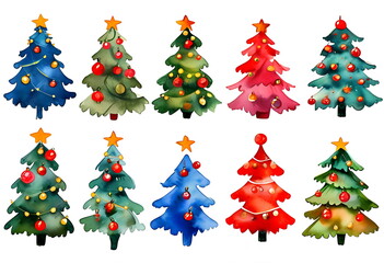 Watercolor christmas trees collection in vibrant colors with festive ornaments against white background