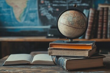 Globe on stack of books in classroom setting promoting education and geography