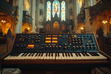 Vintage synthesizer in an old church setting