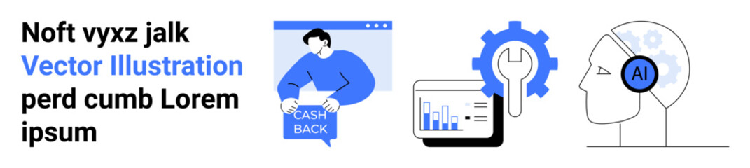 Man holding cashback sign, a data analytics chart on tablet, wrench and gear, AI headset. Ideal for financial incentives, customer engagement, business management, tech support, AI concepts, data