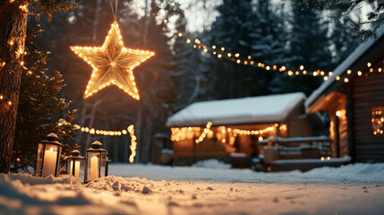 Fototapeta premium snow covered village street adorned with glowing lights and star. cozy cabins create warm atmosphere amidst winter landscape