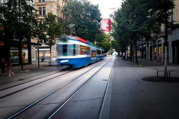 Dynamic tram at famous Bahnhofstrasse (station street) avenue in Zürich, Switzerland