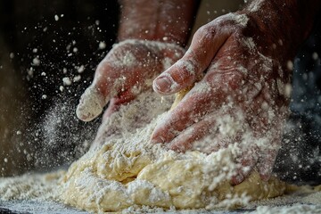 Photo of flour and men hands with flour splash. Cooking bread. Kneading the Dough. Isolated on dark background. Empty space for tex