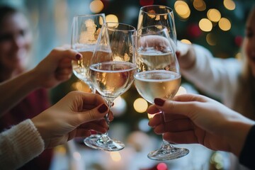 Friends joyfully celebrating with drinks at a festive holiday gathering together