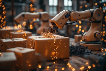 A robotic arm wrapping Christmas gifts with festive lights in the background.