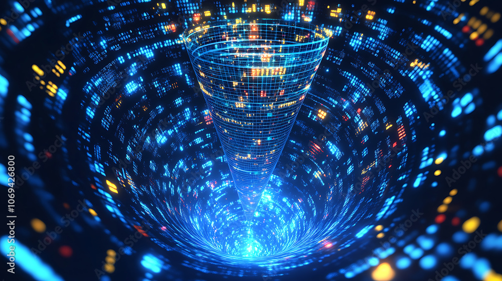 Poster big data technology and information funnel concept, large digital funnel with online data as process