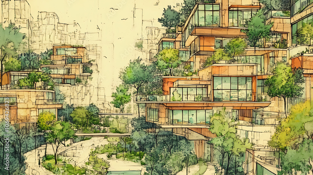 Aufkleber an intricate drawing depicts a sustainable project, showcasing eco-friendly design principles and in