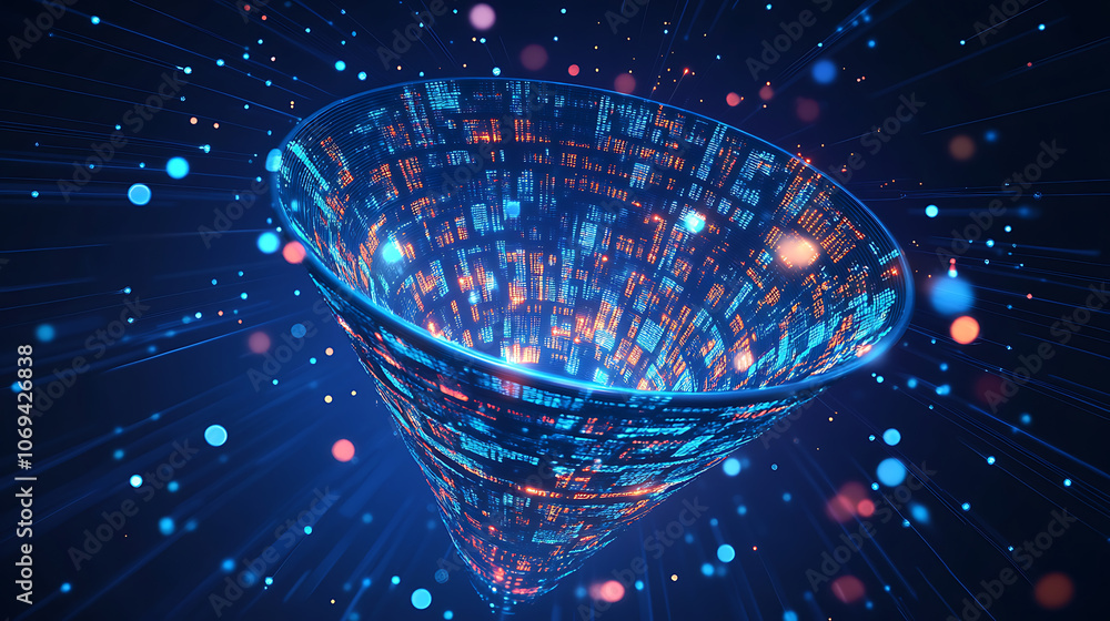 Leinwandbilder big data technology and information funnel concept, large digital funnel with online data as process