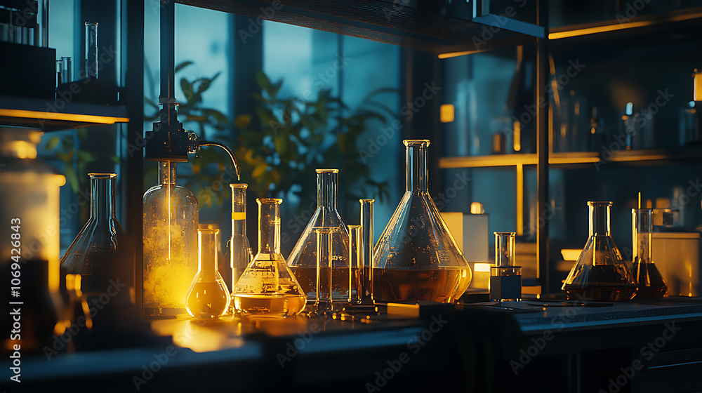 Poster chemistry science theme enhanced by a captivating laboratory glassware setting