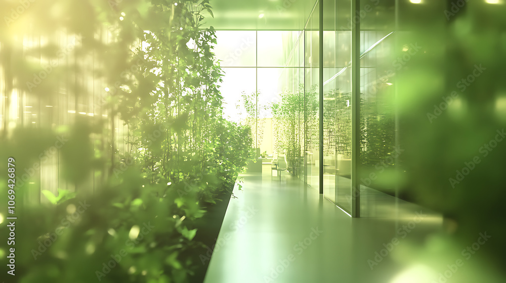Poster concept of a green office space, captured with a blurred effect to highlight the serene and peaceful