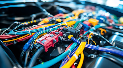 Colorful wire harness and plastic connectors for vehicles, automotive industry and manufacturing