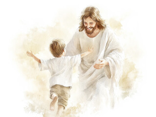 Little Boy Runs to Jesus Watercolor Illustration Isolated on White Background