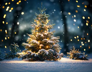 outside christmas tree in snow background with tree lights