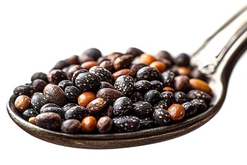 Fototapeta premium A rustic spoon filled with a variety of beans and lentils.
