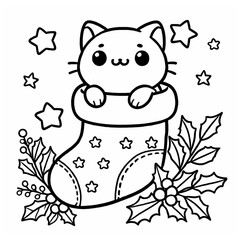 Fototapeta premium Cute Christmas Cat in Stocking Coloring Page with Holly and Stars - Festive Holiday Illustration for Kids, Christmas Crafts, Greeting Cards, Seasonal Decor