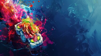 Obraz premium Delicious lamb sushi displayed in bright colors on a dark blue background, AI generated image