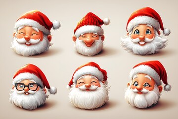 Six cheerful Santa Claus faces with different expressions, celebrating Christmas joy.