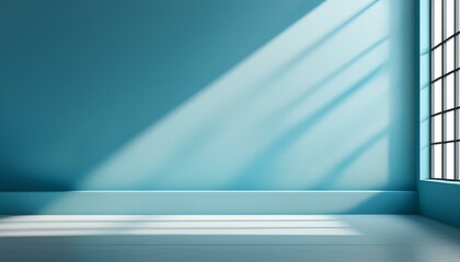 minimal abstract light blue background for product presentation shadow and light from windows on plaster wall
