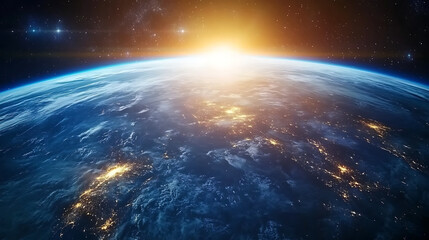 Panoramic view on planet Earth globe from space, Glowing city lights, light clouds