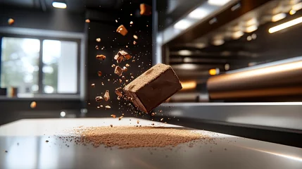 Floating chocolate block surrounded by cocoa powder in a modern kitchen © Nastya