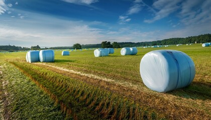 Obraz premium plastic wrapped hay silage bales in a mown grass field farming subsidies