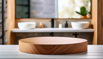 round wooden podium for product display on blurred bathroom background