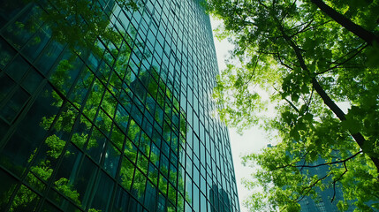 The glass skyscraper facade reflects the lush green leaves of trees, the intersection of urban development and nature, The concepts of ESG (Environmental, Social, and Governance) and impact investing