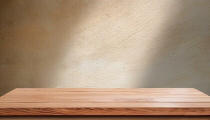 minimal wooden top counter mockup design for product presentation on abstract wall texture background