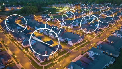 American suburban neighborhood at night with animated clock overlays above homes. Time moving fast concept