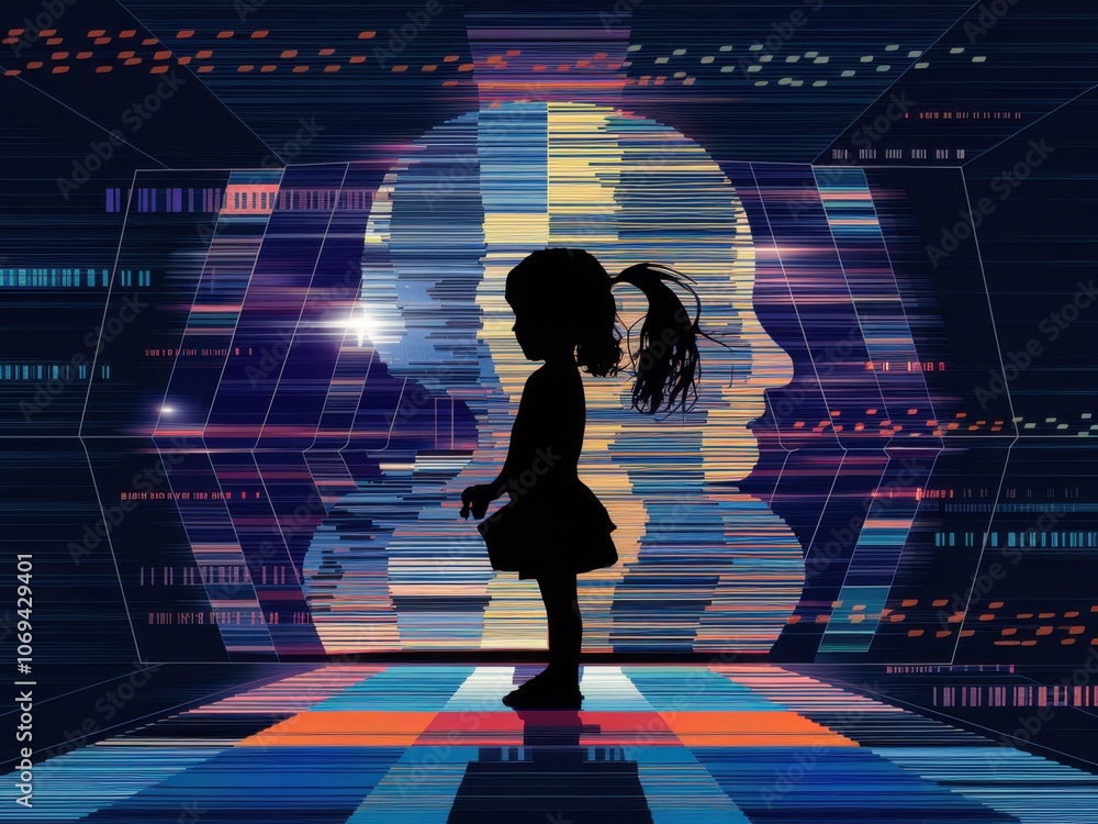 Poster silhouette of girl in digital tunnel with vibrant light patterns and binary code